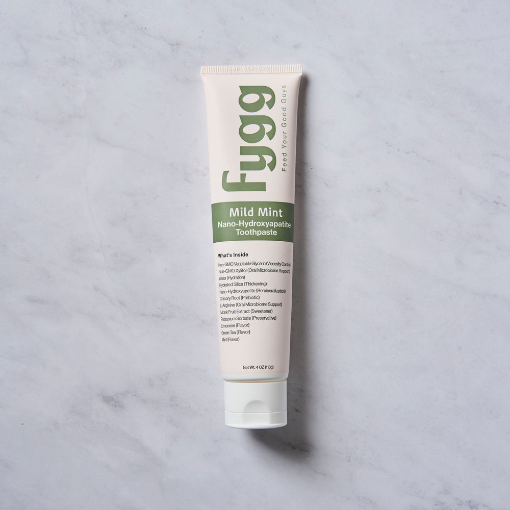 
                  
                    Fygg Nano-Hydroxyapatite fluoride free Toothpaste in Mild Mint on Marble Background
                  
                